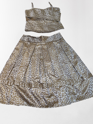 Etcetera Womens Gold Metallic Floral Pleated Crop Top and Skirt Set Size 2 Lined $40.96