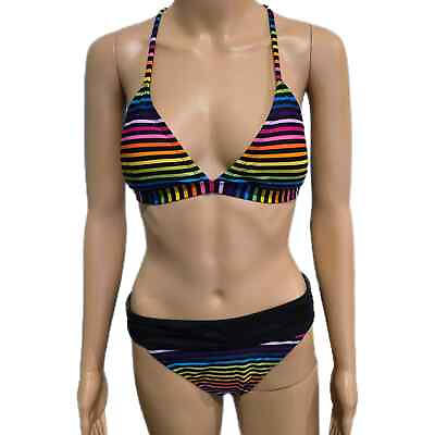 #ad U.S. POLO ASSN. Multicolor Neon Striped Halter Bikini Set Size Medium $30.00
