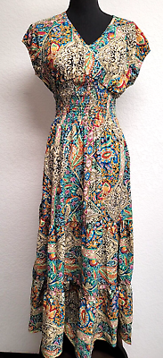 Unknown Brand Peasant Maxi Dress M Multicolor Geometric Elastic Waist Flounce $19.00