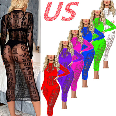 US Womens Fishnet See Through Long Sleeve Bodycon Lace Dress Babydoll Nightdress $9.39