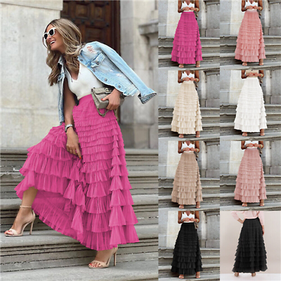 Womens Tiered Layer Ruffle Mesh Tulle Pleated Skirt High Waist Long Party Dress $33.99