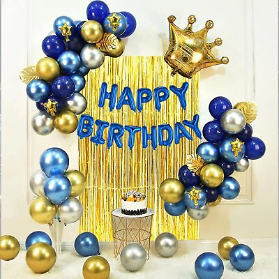 #ad Birthday Party for Women Men Happy Banner Gold and Silver Blue Decoration Set $15.81