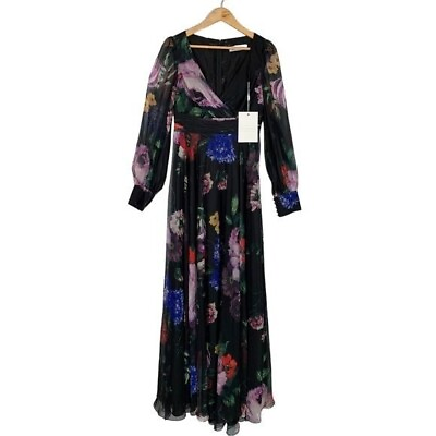 #ad Mac Duggal Womens Floral Print Chiffon Long Sleeve Maxi Dress Gown Size 6 NWT $350.00