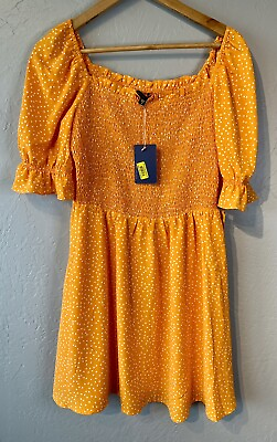 #ad Skies Are Blue Dress Orange White Polka Dot Smocked Top Summer Dress Medium NEW $37.99