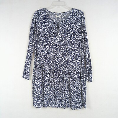 #ad Old Navy Boho Dress Size L Blue Floral Long Sleeve Tie Neck Pintuck Peasant $14.99