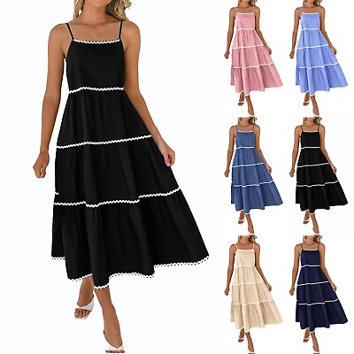 #ad Womens Summer Sleeveless Sundress Sling Dresses Solid Color Boho Long Dresses $18.39