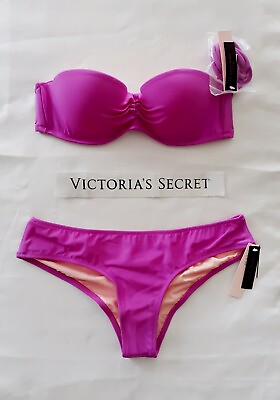 #ad Victorias Secret Swim 2pc Bikini Set 32B Push up BANDEAU X Small Ruched CHEEKY $44.95