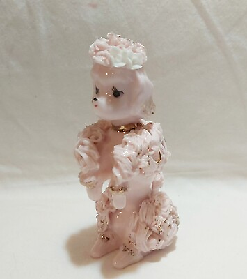 #ad Vtg Pink Ceramic Gold Double White Roses Accents Spaghetti Poodle Dog Figurine $14.00