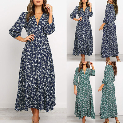 Autumn Womens Floral Print Party Maxi Dress Long Sleeve V Neck Pullover Dress US $18.98