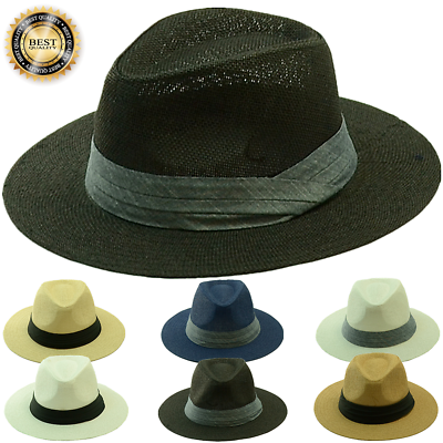 Mens Womens Beach Sun Straw Panama Fedora Summer Flat Hat Big Brim Band Cap Hats $13.99