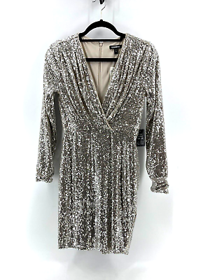 #ad NWT Express Women#x27;s Long Sleeve Silver Sequin V Neck Cocktail Party Dress XS $69.99