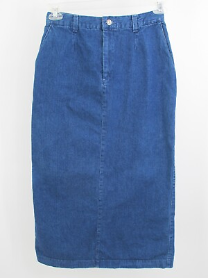 RIVETED LEE Denim Maxi Skirt Women Size 8 Blue Pockets Back Slit Vintage 90#x27;s $21.98