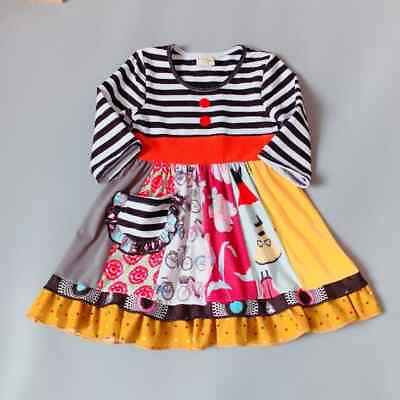 #ad #ad NEW Girls Boutique Multi Print Long Sleeve Ruffle Dress 3 4 5 6 6 7 7 8 $12.99