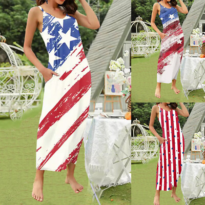 #ad Women Sleeveless Loose Slip Maxi Dresses American Independence Day Long Sundress $24.88