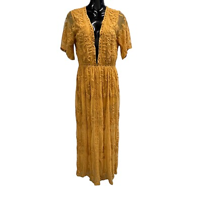 #ad Honey punch short sleeve yellow lace maxi dress low neckline Size: S $24.99