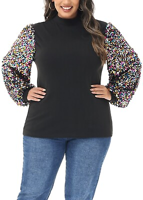 #ad Women#x27;s Plus Size Sparkle Sequin Sweatshirt Mock Neck Pullover $29.99