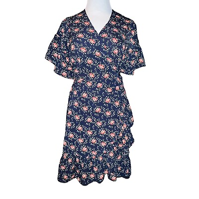 #ad Max Studio Wrap Ruffle Boho Dress Short Sleeve Floral Navy Blue Red Size Small $34.20