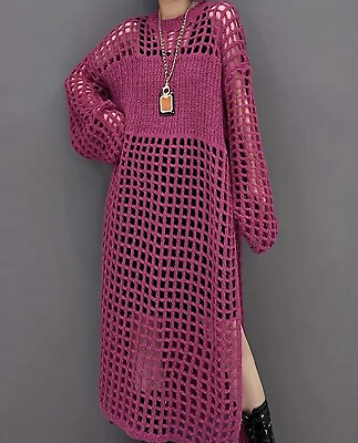 #ad NEW Crochet Split Thigh Dress Casual Long Sleeve Boho Dress Long Sweater Tunic $44.00
