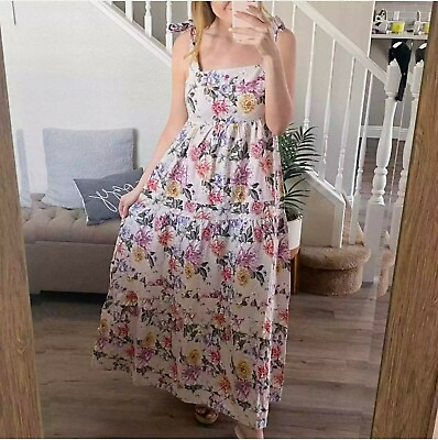 🌺NWT House of Harlow 1960 Floral Linen Maxi 3 Tier Dress Bow Tie Shoulders sz S $100.00