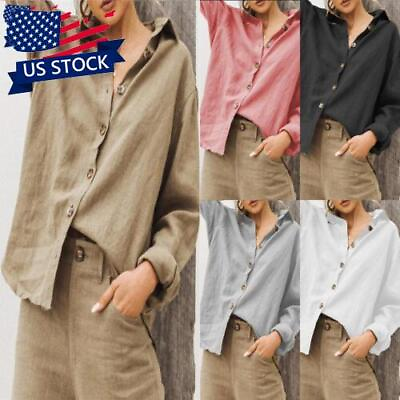 Womens Casual Cotton Linen Long Sleeve T Shirt Tops Ladies Buttons Loose Blouse $17.90