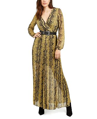 #ad GUESS Women#x27;s Maya Belted Long Maxi Dress Yellow Black Size XS NWT $175 $25.99