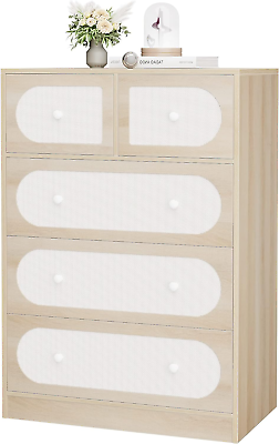 #ad 5 Drawer Dresser White Rattan Dresser with Large Drawers Modern Dresser Boho D $195.34