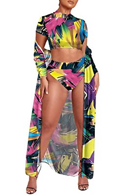 #ad Viottiset Womens High Waist Swimsuit Crop Top with Bikini Cover Up Yellow $8.99