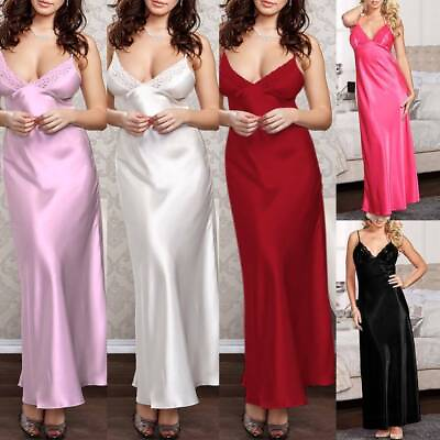 Women Satin Silk Lace Robe Dress Sleepwear Lingerie Long Nightdress Nightgown US $11.99