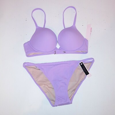 Victoria Secret Swim Bikini 36B Top Medium Bottom Push Up Solid Light Purple New $59.99