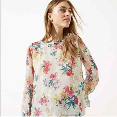 #ad Ann Taylor LOFT Floral Metallic Chiffon Long Sleeve Blouse Preppy Boho Medium $24.99