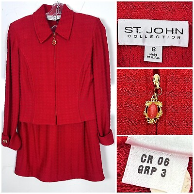 #ad St John collection knit red skirt suit SKIRT Sz 10 JACKETS Sz 8 MADE IN USA EUC $395.00