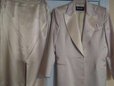 #ad Solini Beige Tan Womens Evening Classic Skirt Suit Rhinestone USA Size 14 $70.00
