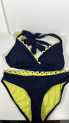 #ad Anne Cole Signature Navy Blue and Yellow Bikini Set Size S Halter Top Swim Wear $14.90