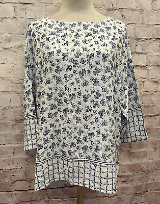 Simply Styled by Sears Womens L Blouse White Blue Floral Popover Boxy Casual NEW $17.60