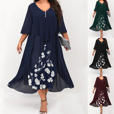 #ad Plus Size Womens Chiffon Half Sleeve Midi Dress Ladies Party Cocktail Ball Gown $27.59