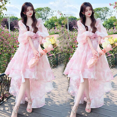#ad Women Princess Floral Sweet Dress Party Puff Sleeve Fairy Dress Long Beach Dress $37.80