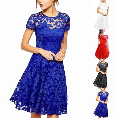 #ad Women#x27;s Elegant Lace Dress Plus Size Crew Neck Evening Party Dress M 5XL $22.63