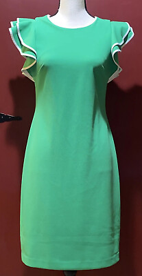Tommy Hilfiger Pea Pod Green Dress Women Sz 6 Ruffle Sleeves Form Fitting $39.99