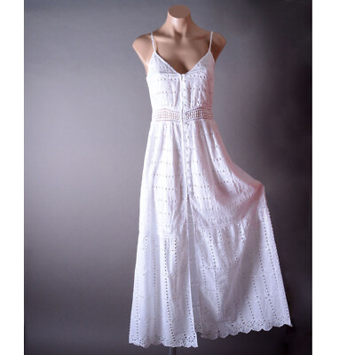 #ad White Strappy Bohemian Boho Beach Front Slit Slip Crochet Long Maxi Dress S M L $69.99