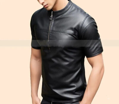 #ad Black Party Clubwear Biker Fashion Handmade Men T Shirt Stylish Lambskin Leather $160.00