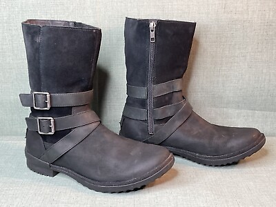 #ad UGG Womens Boots Size 9 Black Strappy Nubuck Leather Side Zip Style 1095155 $36.00