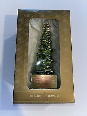 #ad Dillard Hand Blown Glass Christmas Tree Shaped Green Glitter Ornament 7in $11.24