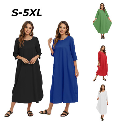 #ad Women#x27;s Long Sleeve Dress Loose Boho Sundress Cotton Linen Maxi Dress Plus Size $25.00
