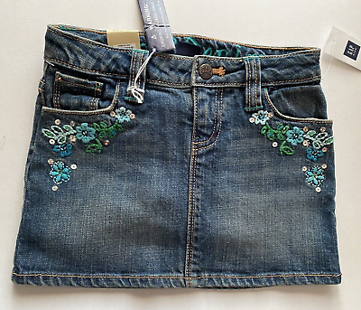 #ad Gap Girls Denim Jeans Skirt Embroidered Adjustable Waist Size 5 years NWT $15.99