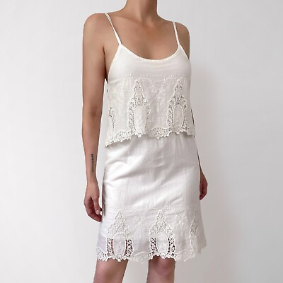 #ad White Lace Crochet Embroidered Dress Size S Boho 100% Cotton Sleeveless Layered $25.46