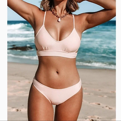 #ad NEW Cupshe Sweet Pink Solid Lace Up Bikini Set Size M $30.00
