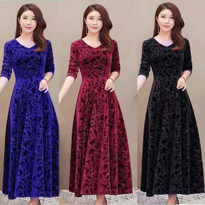 #ad Womens Velvet Maxi Dress Long Sleeve Cocktail Party Ball Gown Elegant Skirts US $6.26