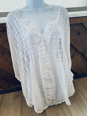 #ad Catalina Swimsuit Coverup Sz S 4 6 White Crochet Lace V Neck Pullover Kimono $14.90