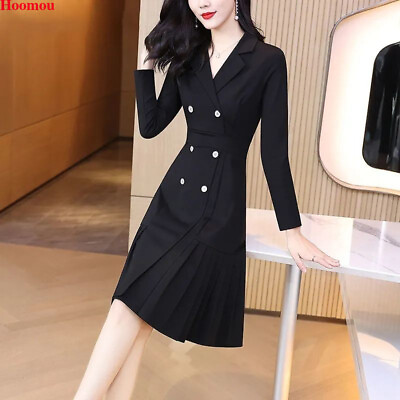 #ad Korean Women Pleated High Waist A line Business Workwear Cocktail Shirt Dress $31.54