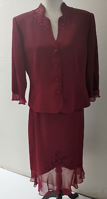 #ad Plaza South Petites 2 Piece Maroon Embroidered Polyester Skirt Suit 14P $32.95